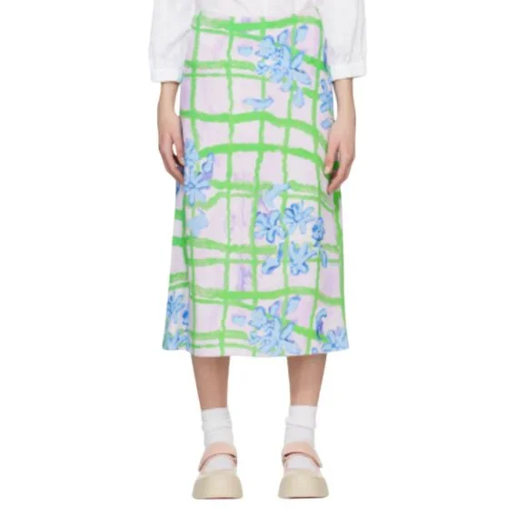 Marni Floral Print Midi Skirt Womens 48 12 Purple Green Blue High